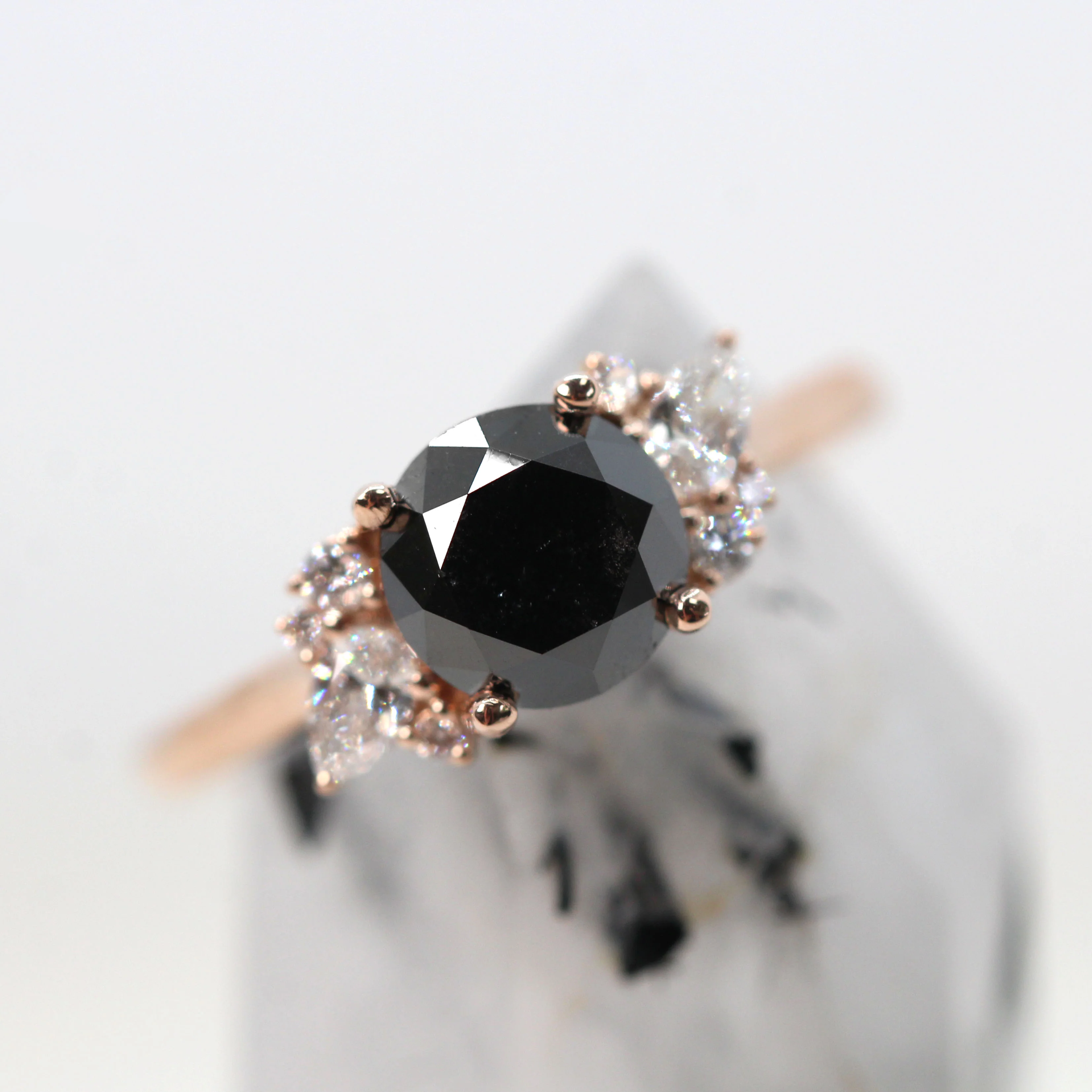 Sable Ring with a 2.20 Carat Round Black Salt and Pepper Diamond and White Accent Diamonds in 14k Rose Gold - Ready to Size and Ship - Image 7