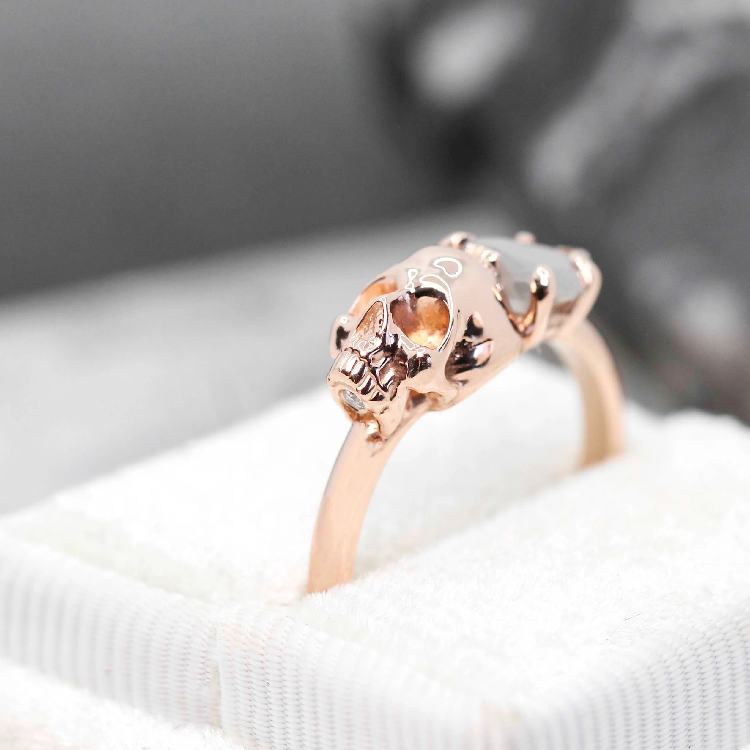 Skull Ring with a 0.83 Carat Misty Gray Heart-Shaped Salt and Pepper Diamond and Hidden Diamond in 14k Rose Gold - Ready to Size and Ship - Image 10