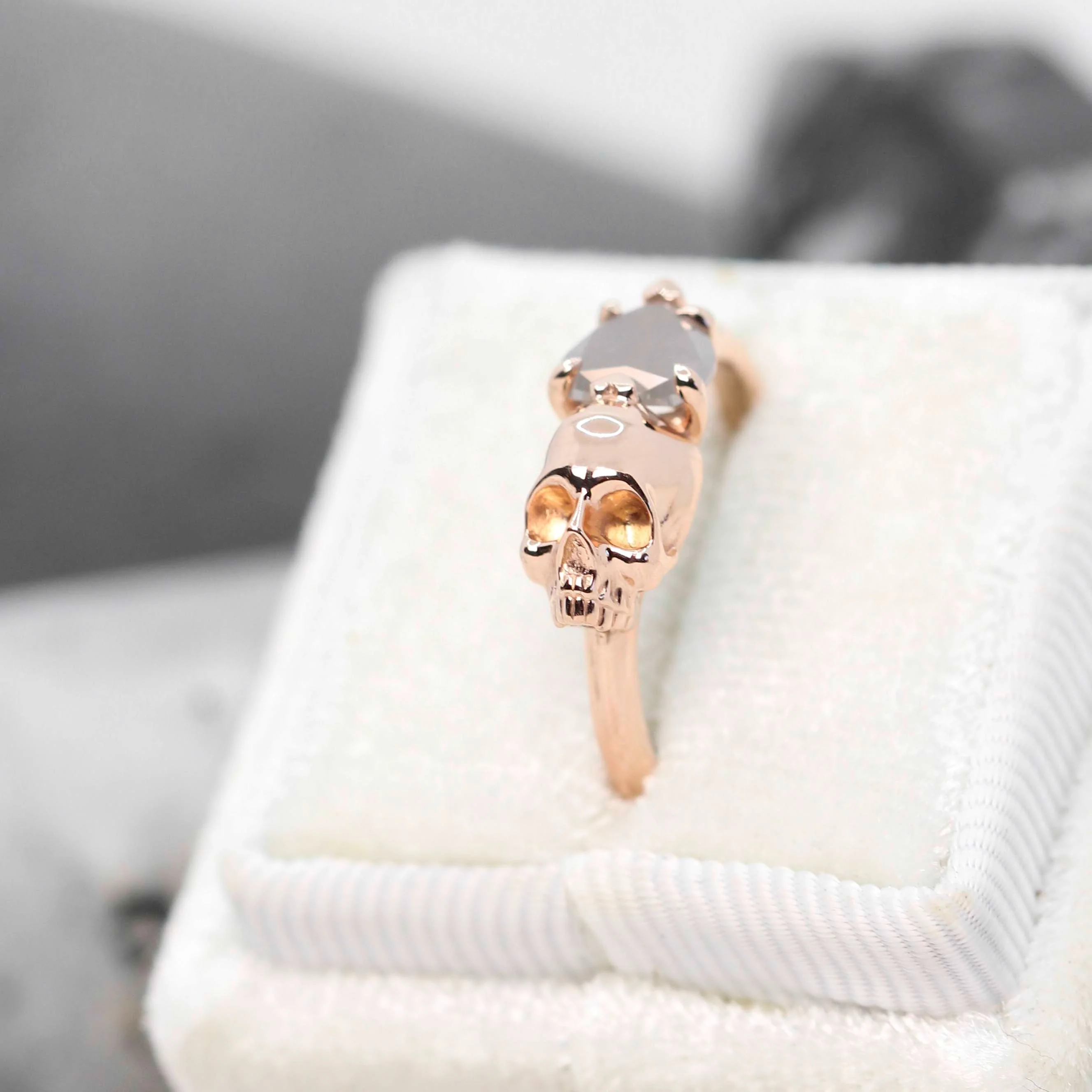 Skull Ring with a 0.83 Carat Misty Gray Heart-Shaped Salt and Pepper Diamond and Hidden Diamond in 14k Rose Gold - Ready to Size and Ship - Image 11