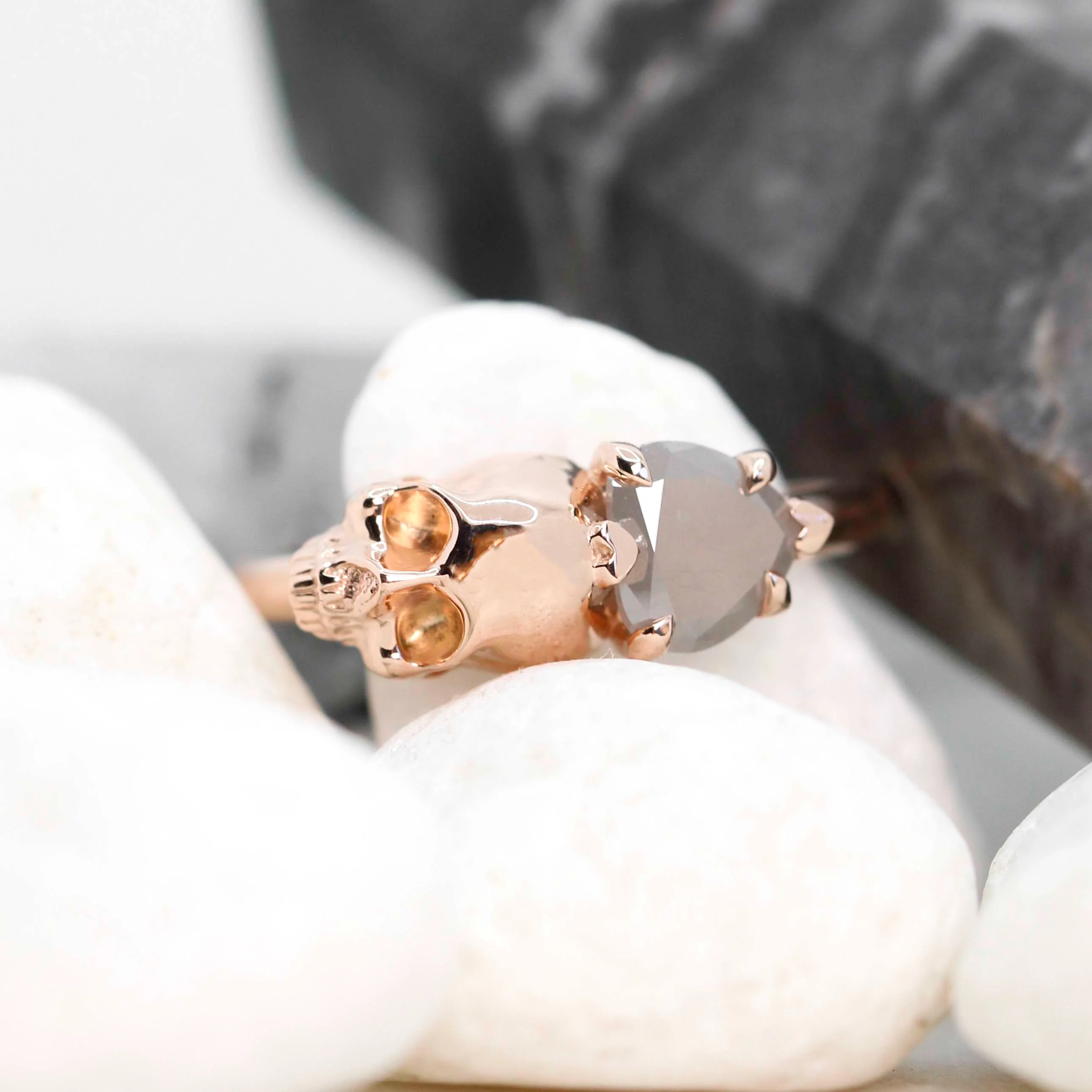 Skull Ring with a 0.83 Carat Misty Gray Heart-Shaped Salt and Pepper Diamond and Hidden Diamond in 14k Rose Gold - Ready to Size and Ship - Image 9