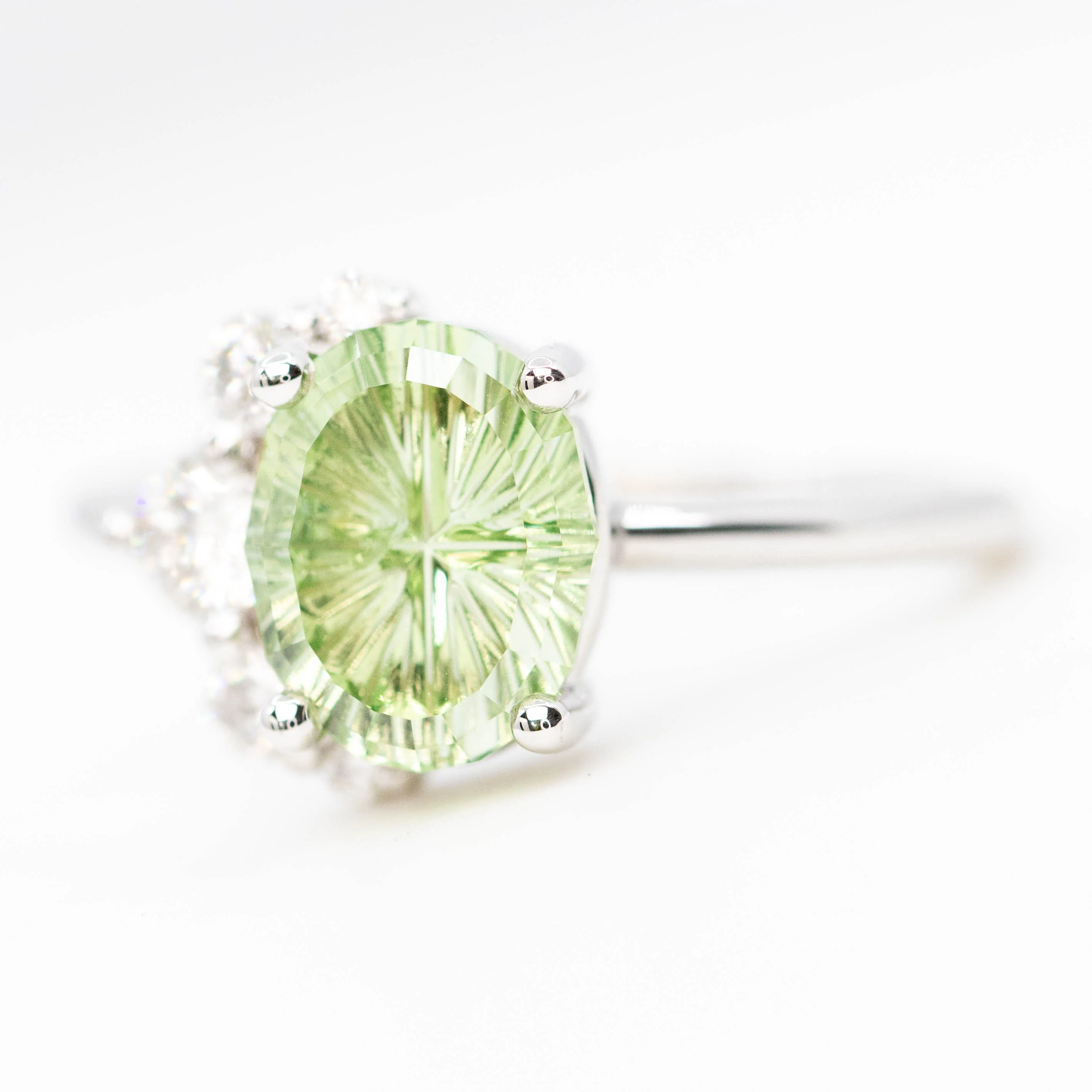 Carell Ring with a 2.72 Carat Fantasy Cut Oval Mint Green Montana Sapphire and White Canadian Accent Diamonds in 14k White Gold - Ready to Size and Ship - Image 3