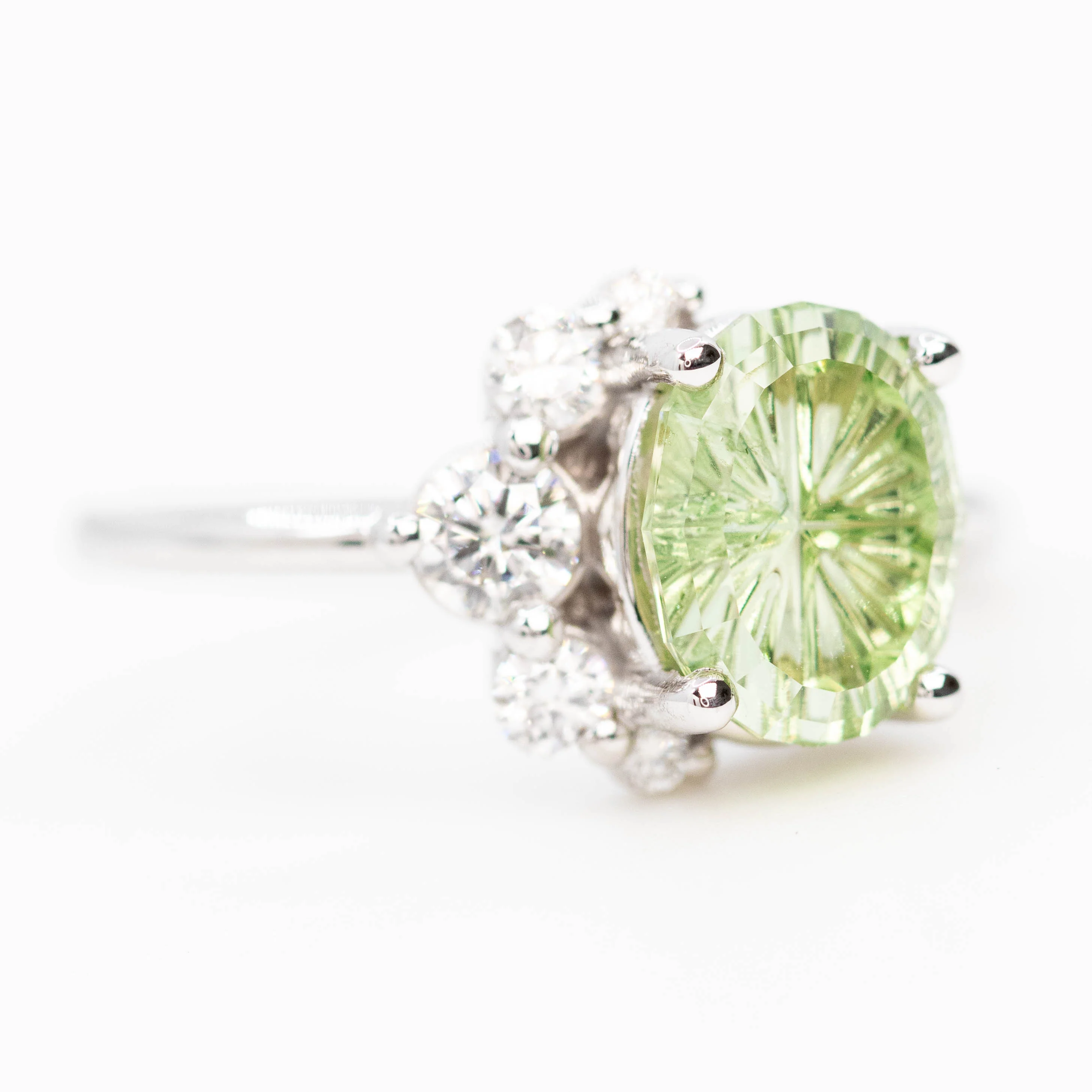 Carell Ring with a 2.72 Carat Fantasy Cut Oval Mint Green Montana Sapphire and White Canadian Accent Diamonds in 14k White Gold - Ready to Size and Ship - Image 4