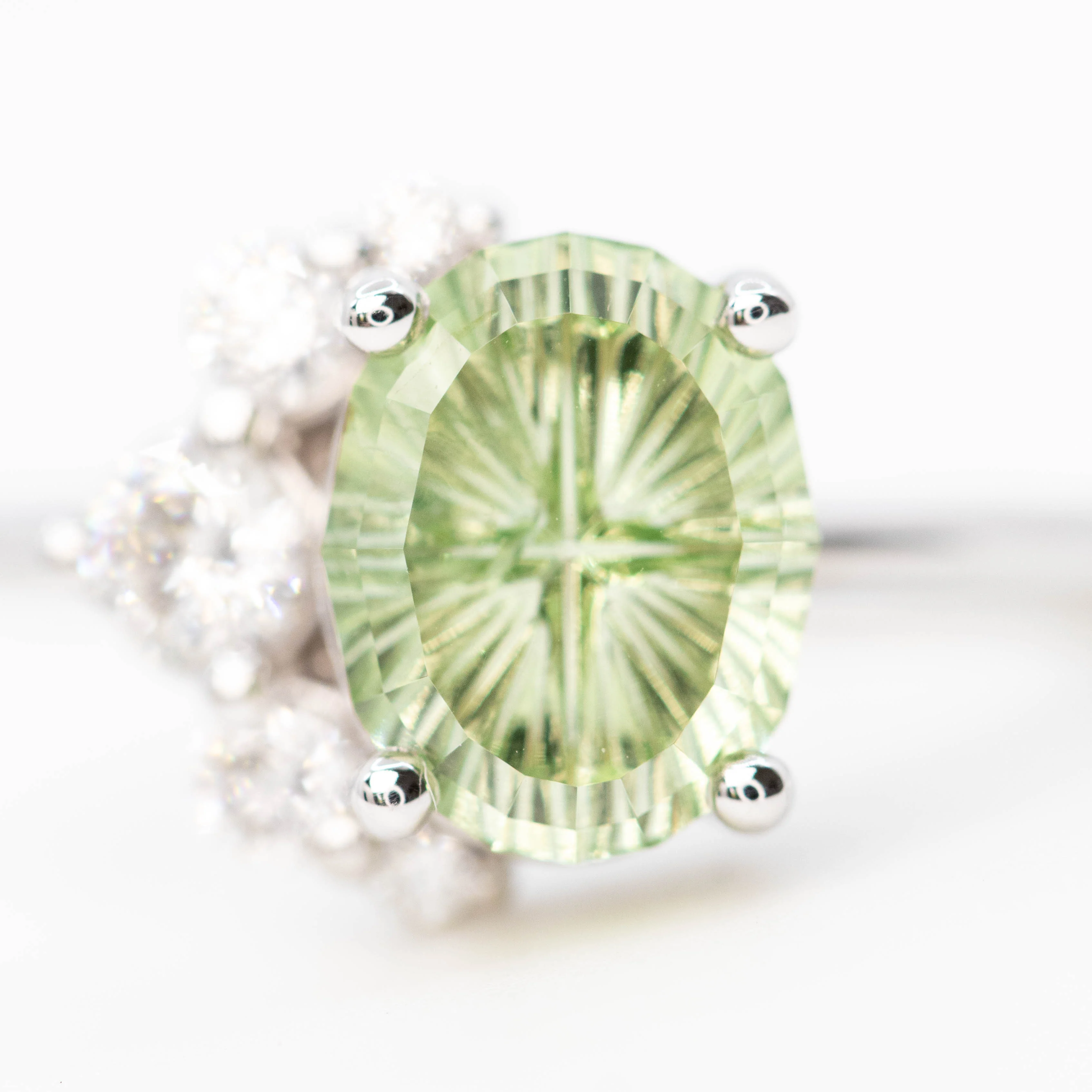 Carell Ring with a 2.72 Carat Fantasy Cut Oval Mint Green Montana Sapphire and White Canadian Accent Diamonds in 14k White Gold - Ready to Size and Ship - Image 7