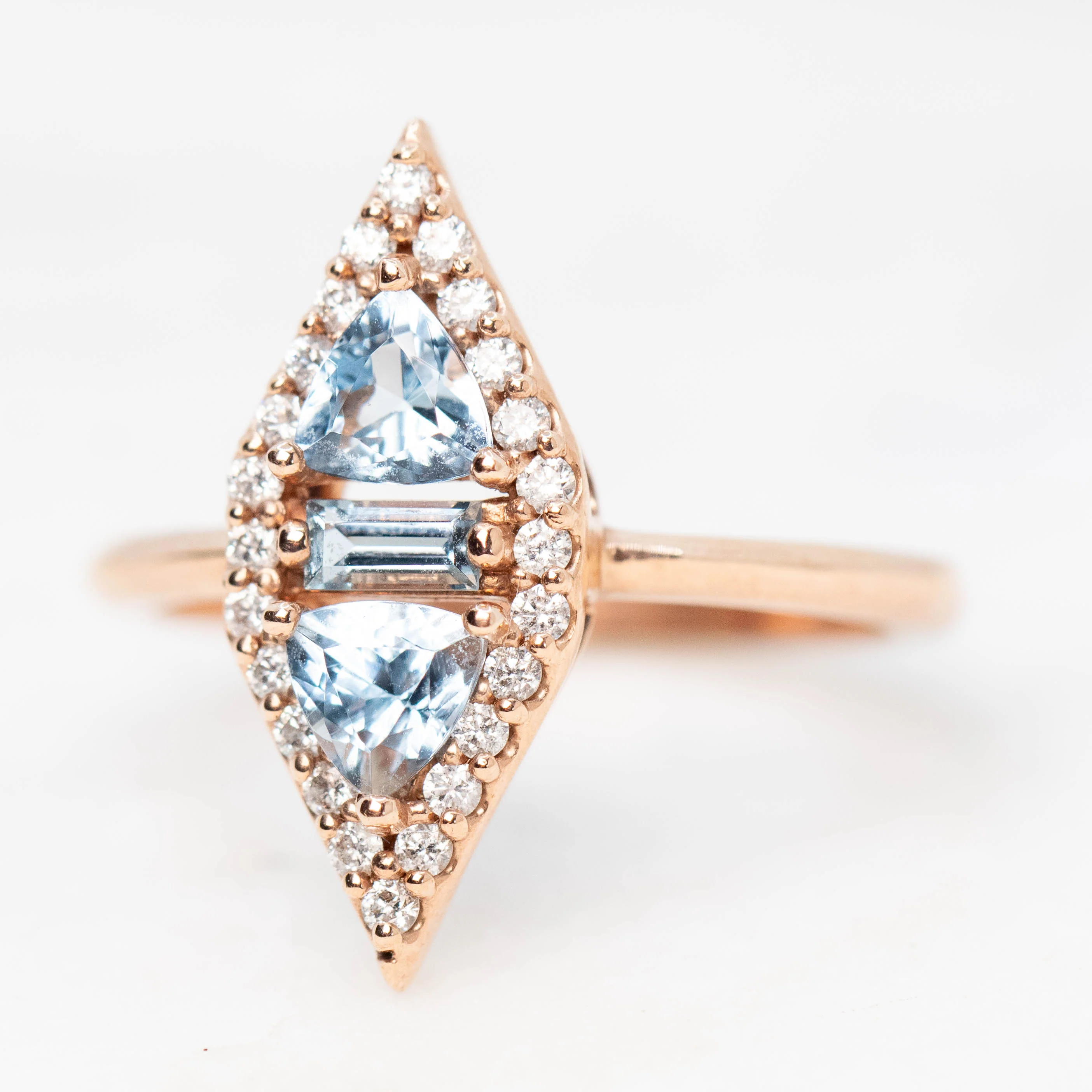 Valentina Ring with Trillion Aquamarines and White Accent Diamonds in 10k Rose Gold - Ready to Size and Ship - Image 3