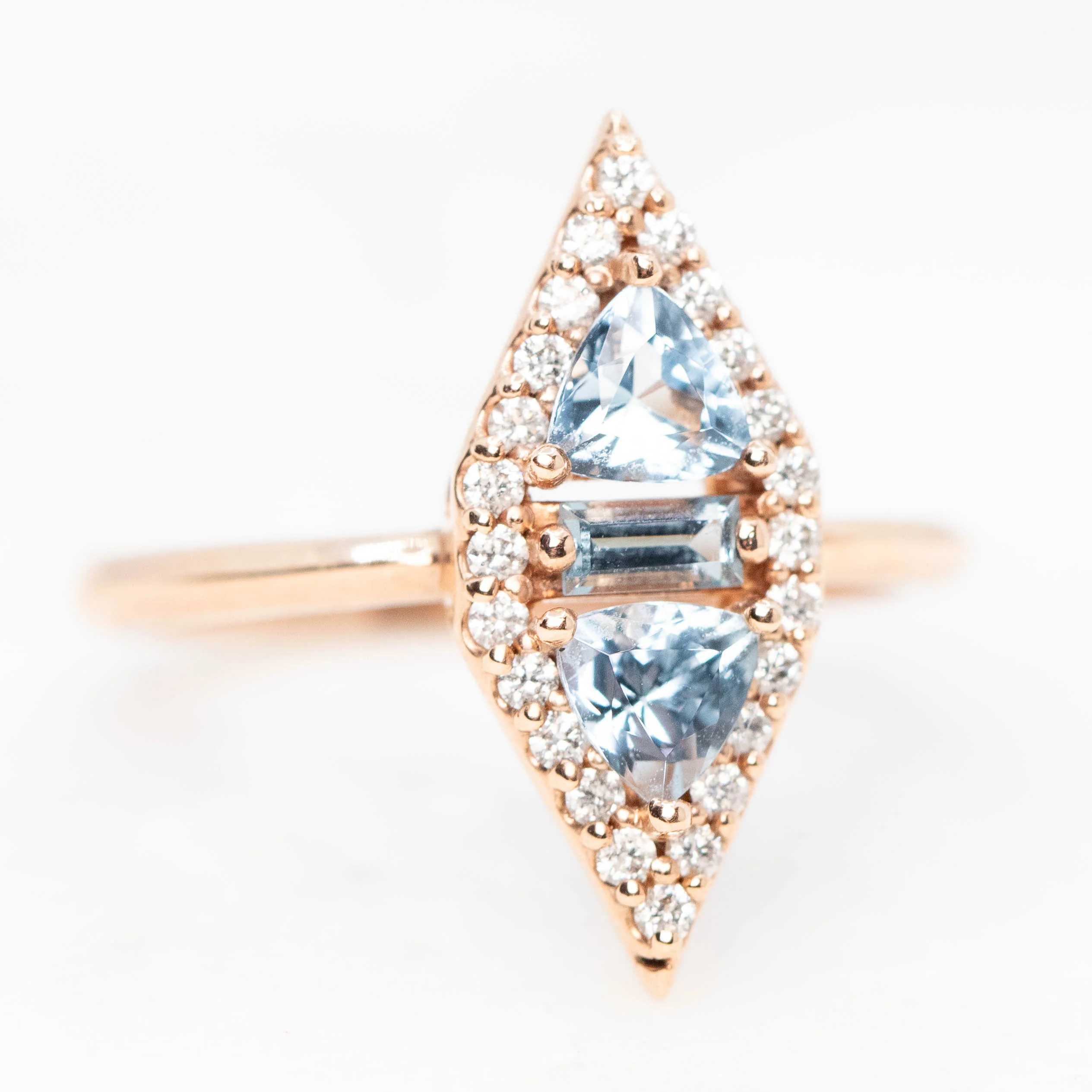 Valentina Ring with Trillion Aquamarines and White Accent Diamonds in 10k Rose Gold - Ready to Size and Ship - Image 4