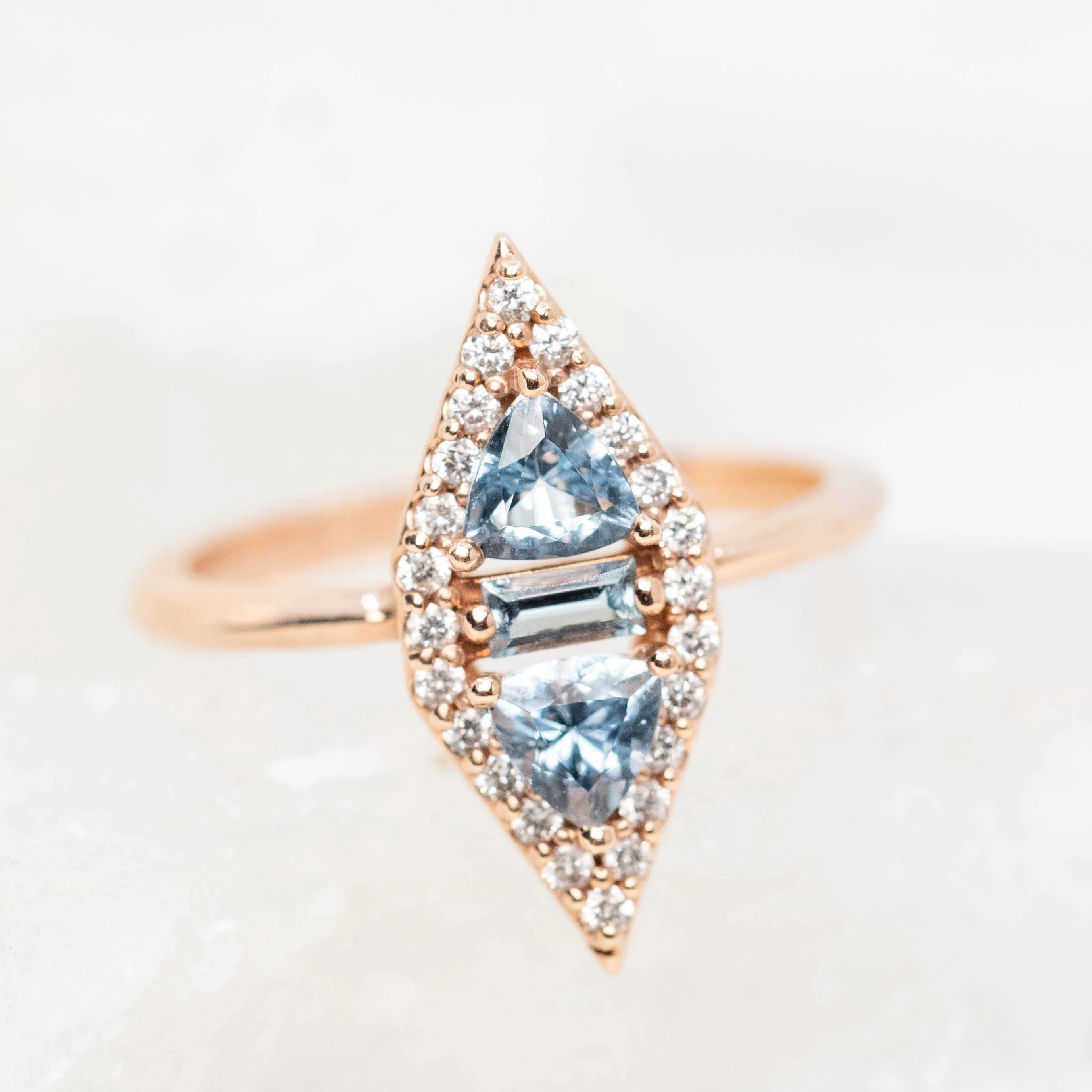 Valentina Ring with Trillion Aquamarines and White Accent Diamonds in 10k Rose Gold - Ready to Size and Ship - Image 7