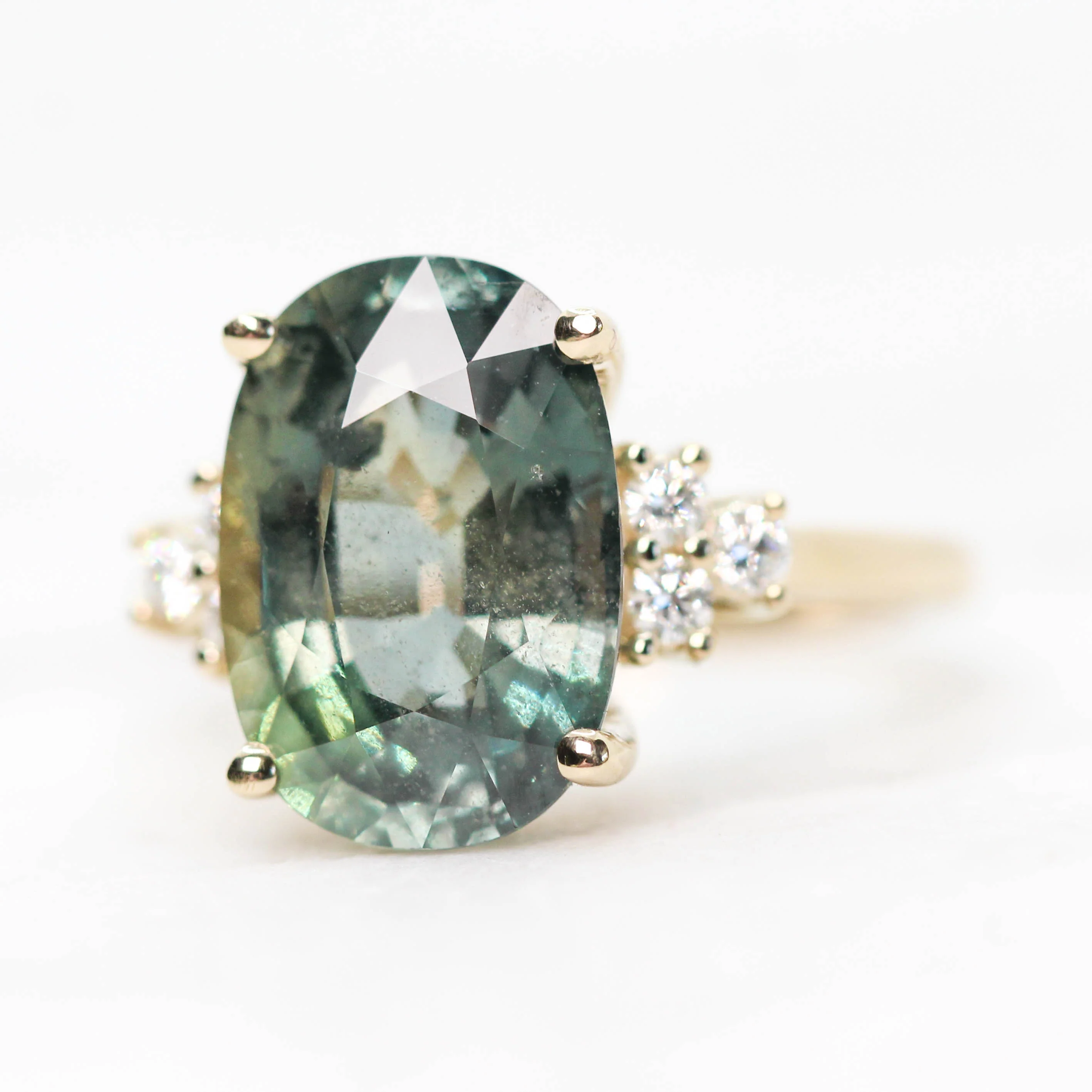 Veragene Ring with a 10.48 Carat Teal Oval Sapphire and White Accent Diamonds in 14k Yellow Gold - Ready to Size and Ship - Image 3