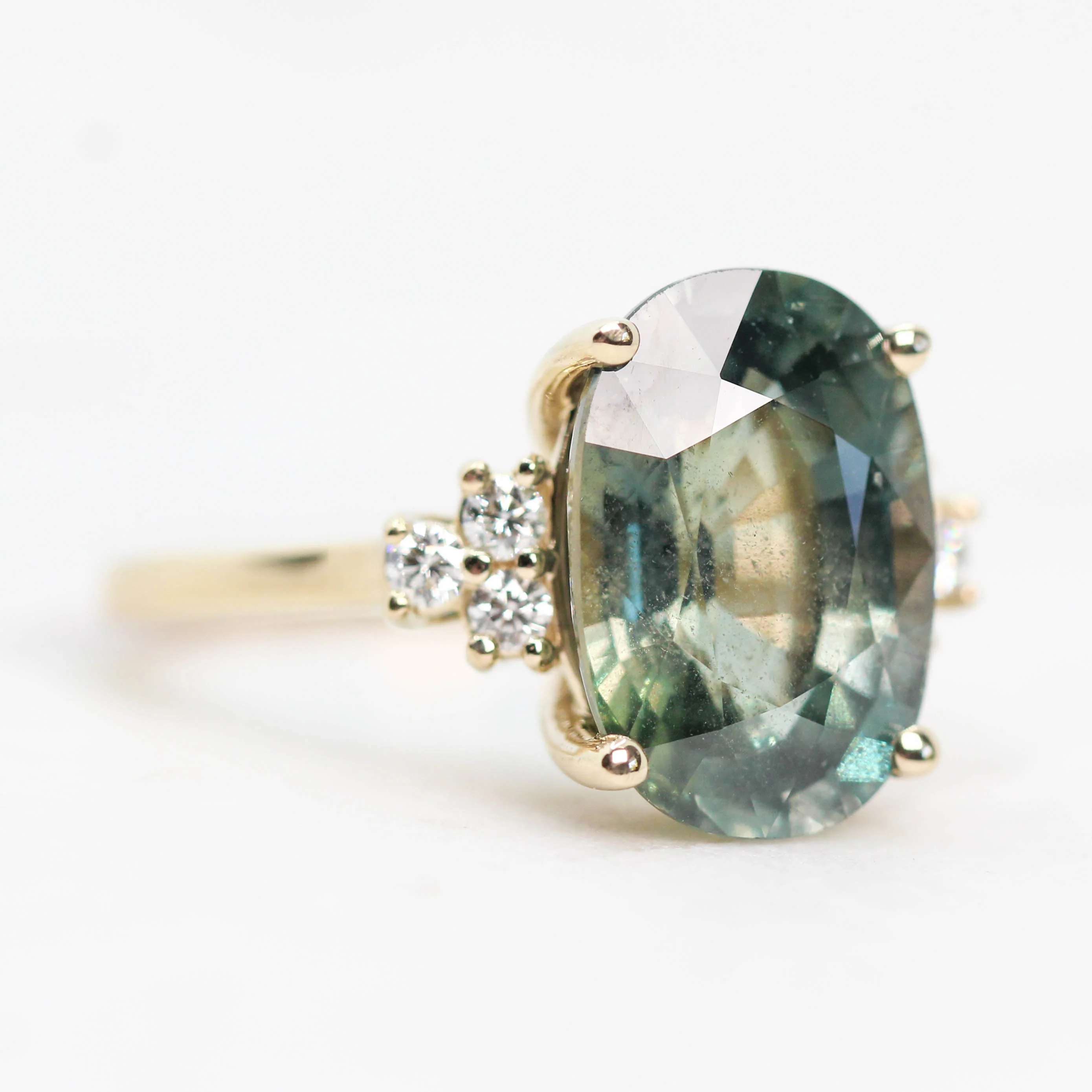 Veragene Ring with a 10.48 Carat Teal Oval Sapphire and White Accent Diamonds in 14k Yellow Gold - Ready to Size and Ship - Image 4