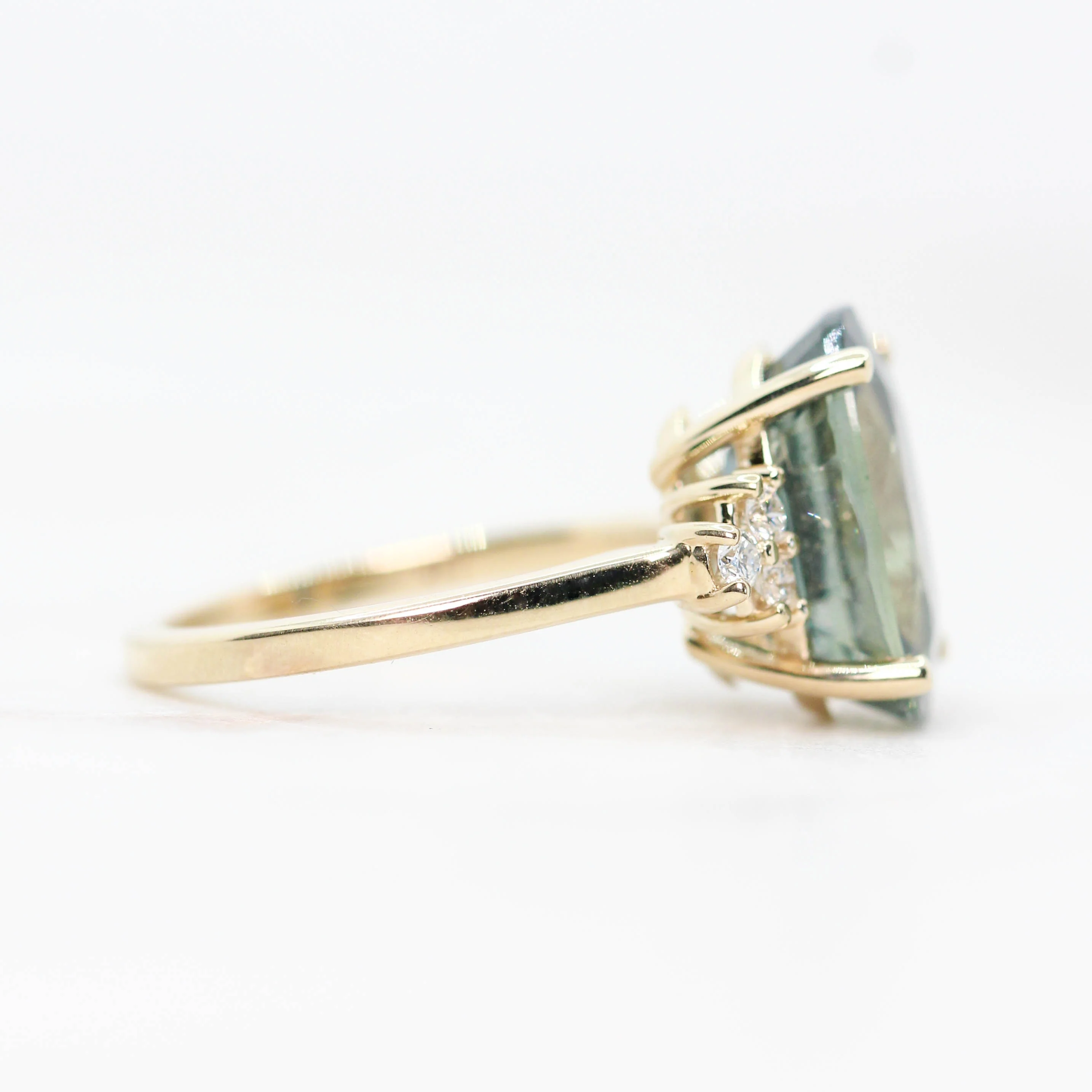 Veragene Ring with a 10.48 Carat Teal Oval Sapphire and White Accent Diamonds in 14k Yellow Gold - Ready to Size and Ship - Image 5