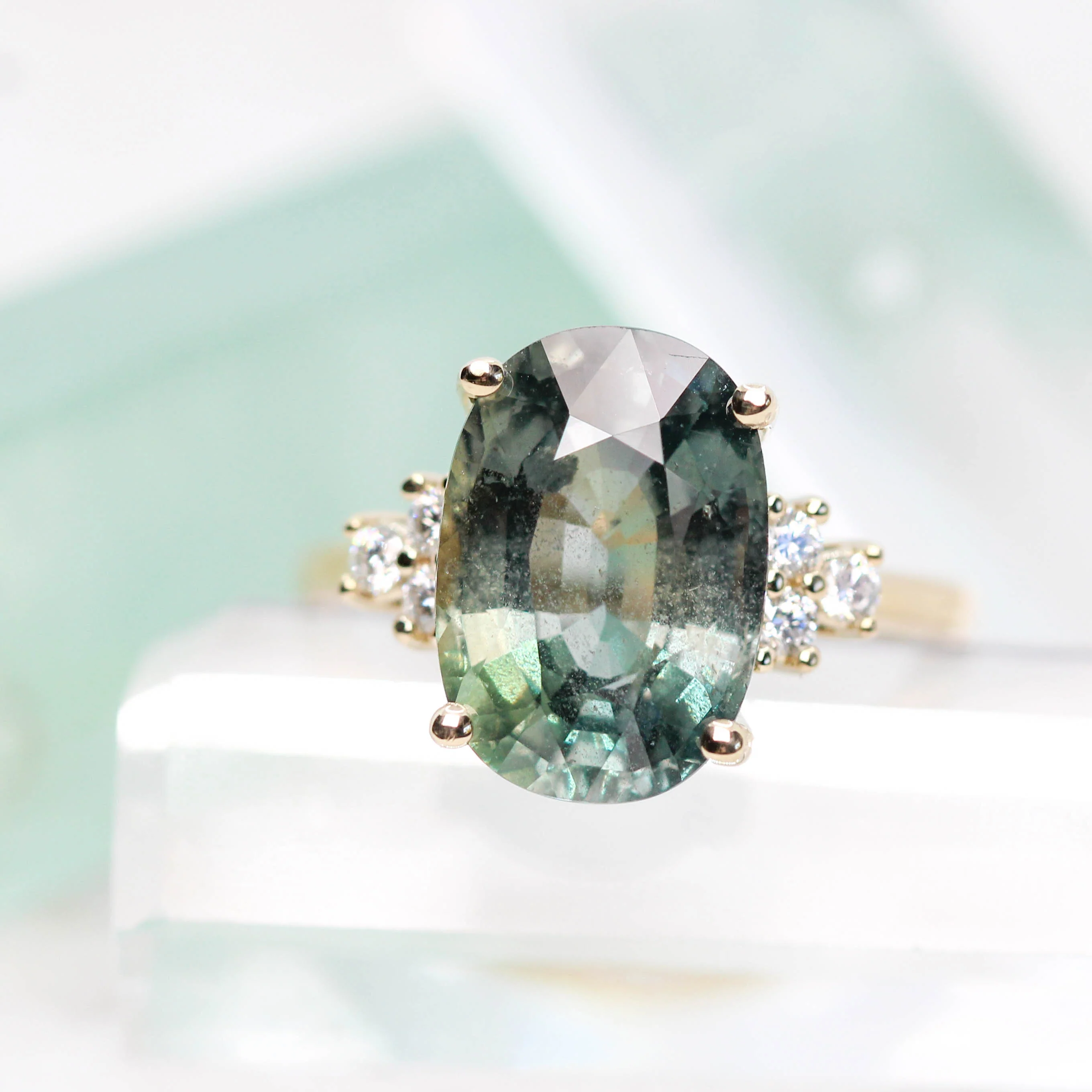 Veragene Ring with a 10.48 Carat Teal Oval Sapphire and White Accent Diamonds in 14k Yellow Gold - Ready to Size and Ship - Image 6