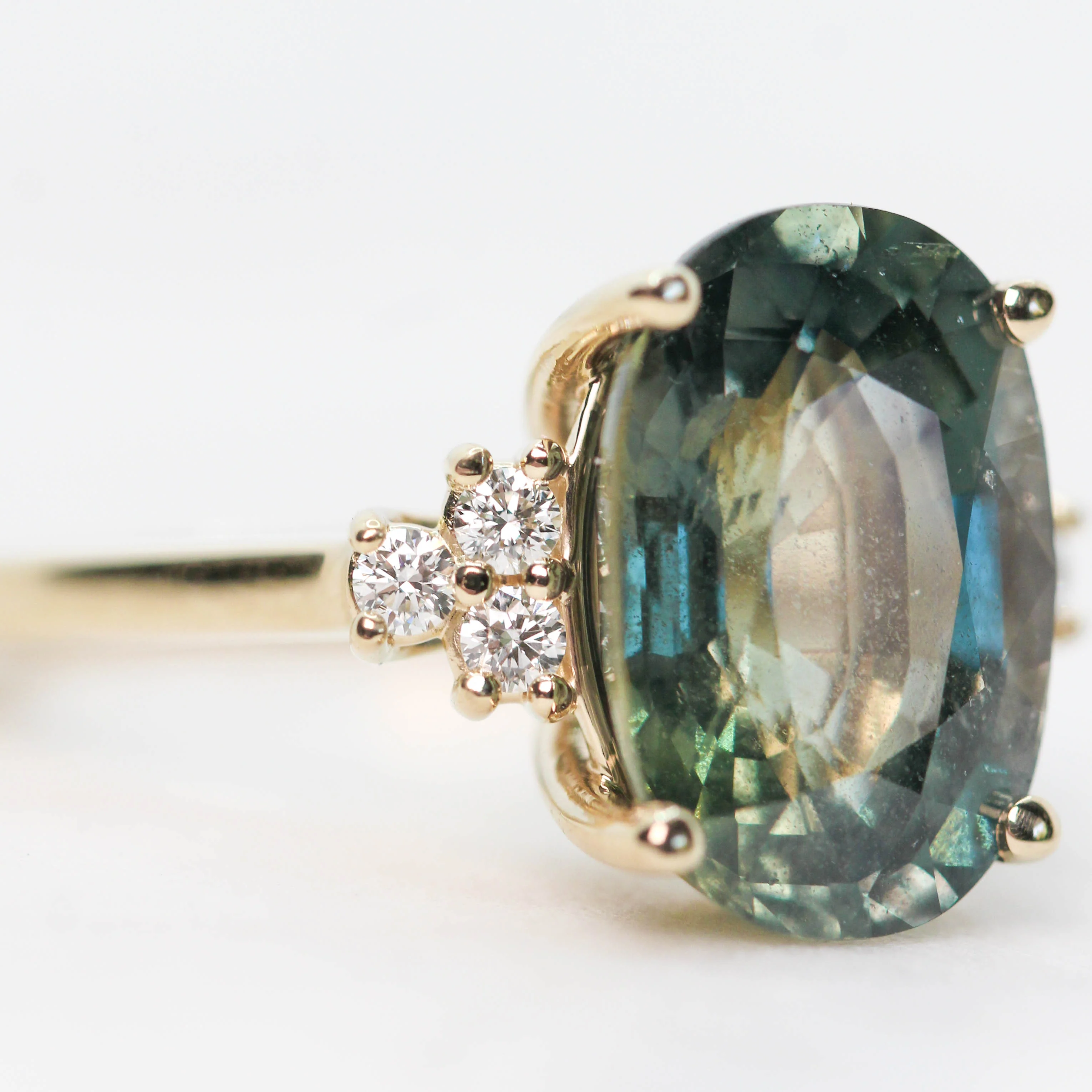 Veragene Ring with a 10.48 Carat Teal Oval Sapphire and White Accent Diamonds in 14k Yellow Gold - Ready to Size and Ship - Image 7