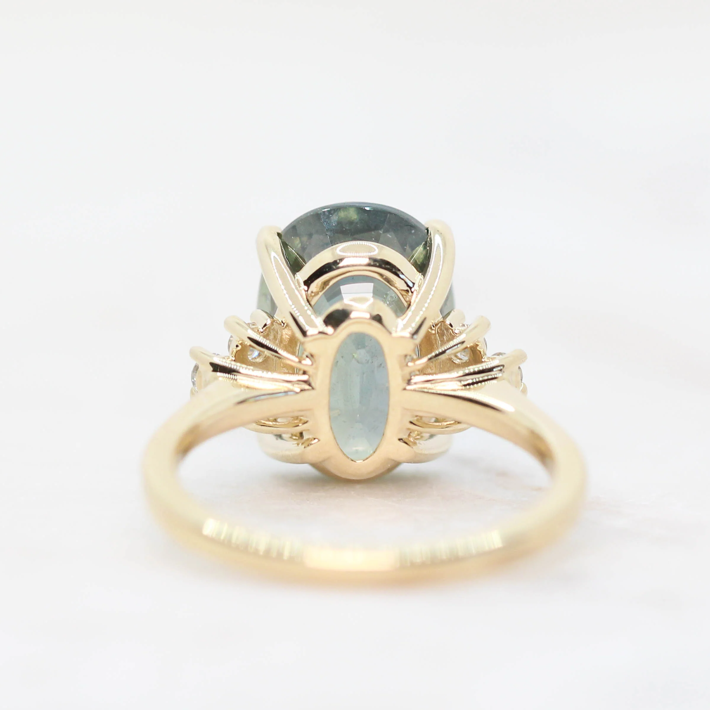 Veragene Ring with a 10.48 Carat Teal Oval Sapphire and White Accent Diamonds in 14k Yellow Gold - Ready to Size and Ship - Image 8