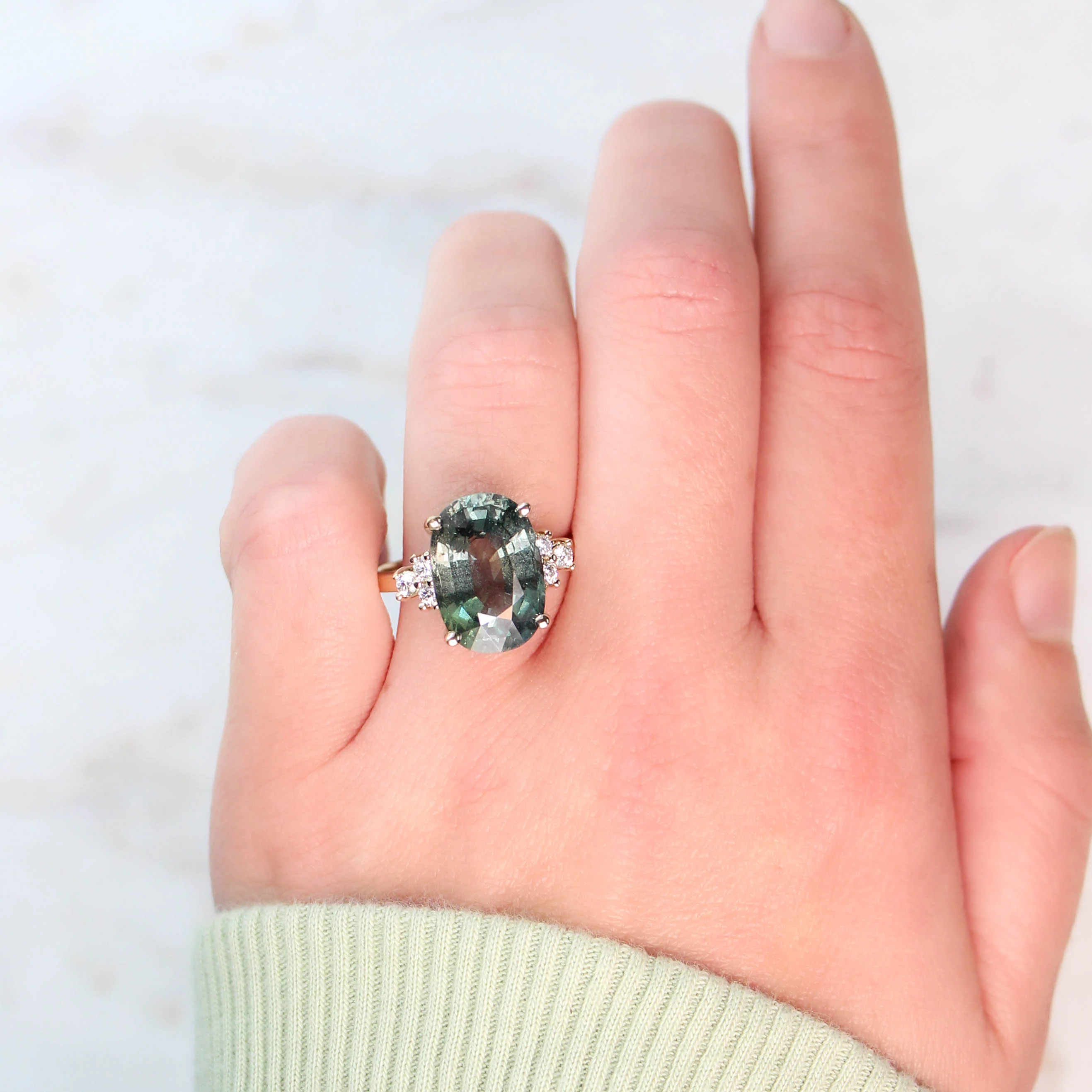 Veragene Ring with a 10.48 Carat Teal Oval Sapphire and White Accent Diamonds in 14k Yellow Gold - Ready to Size and Ship - Image 9