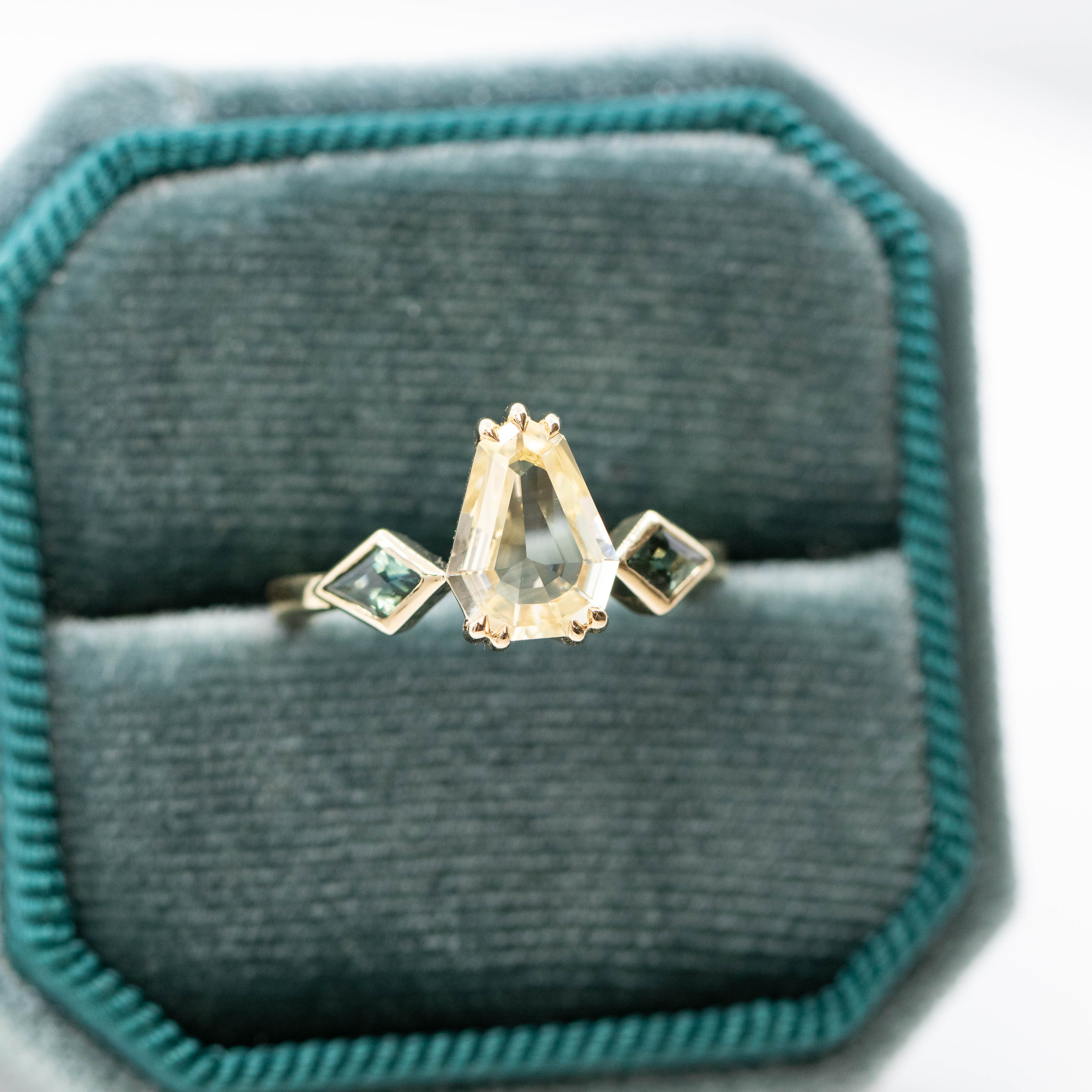 Vespera Ring with a 1.74 Carat Clear Yellow Geometric Pear Sapphire and Teal Sapphire Accents in 14k Yellow Gold - Ready to Size and Ship - Image 10