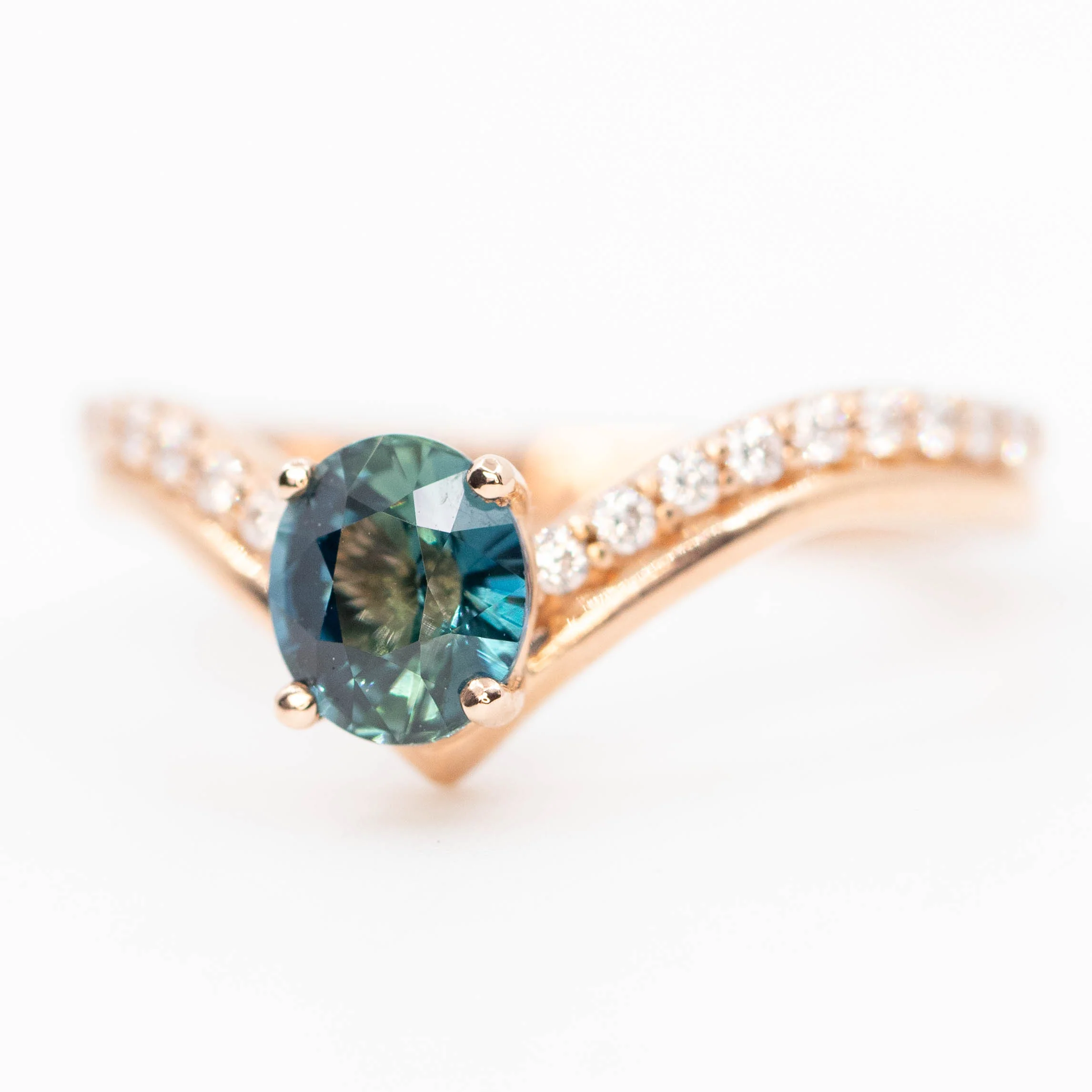 Zahra Ring with a 1.09 Carat Teal Blue Oval Sapphire and White Accent Diamonds in 14k Rose Gold - Ready to Size and Ship - Image 3