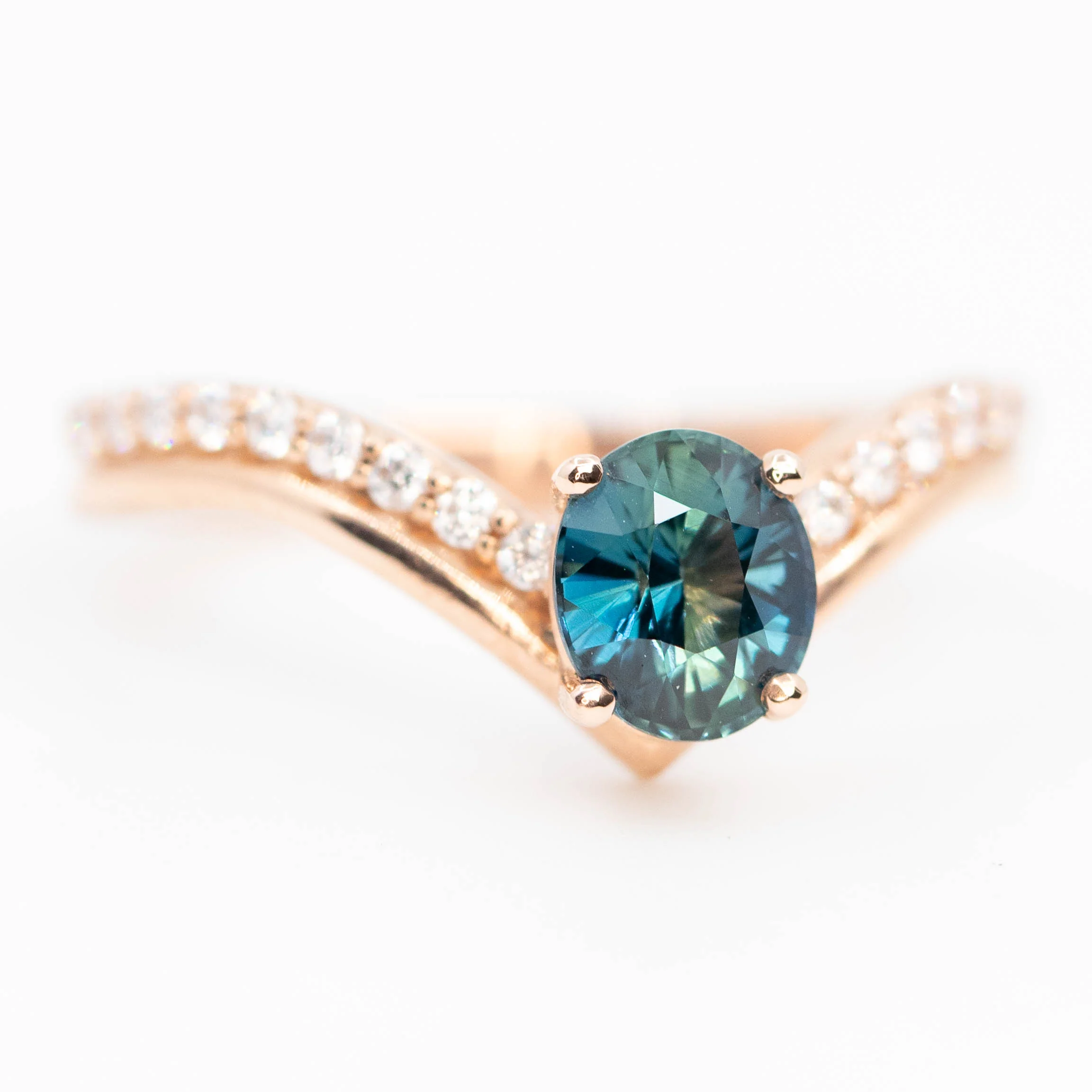 Zahra Ring with a 1.09 Carat Teal Blue Oval Sapphire and White Accent Diamonds in 14k Rose Gold - Ready to Size and Ship - Image 5