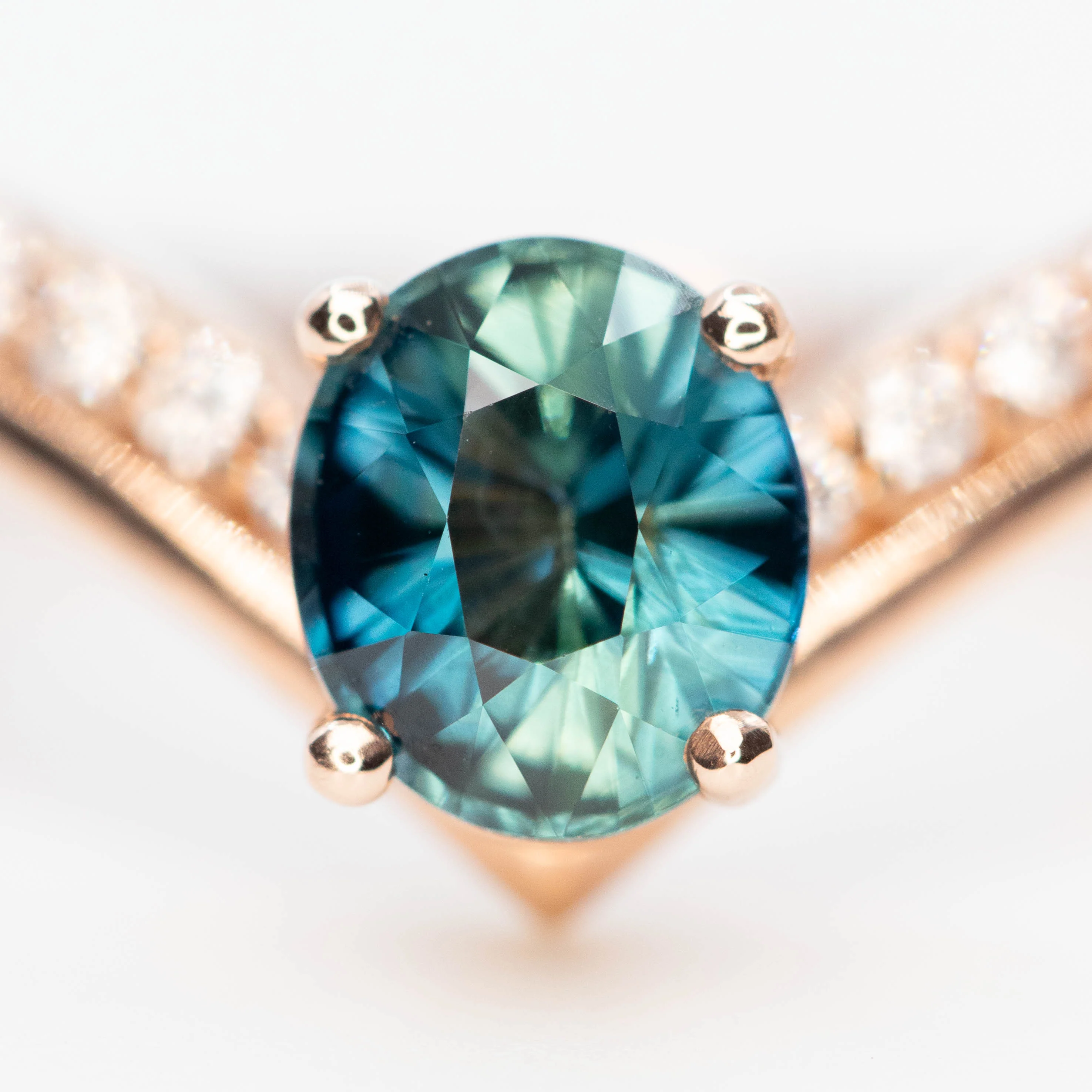 Zahra Ring with a 1.09 Carat Teal Blue Oval Sapphire and White Accent Diamonds in 14k Rose Gold - Ready to Size and Ship - Image 7