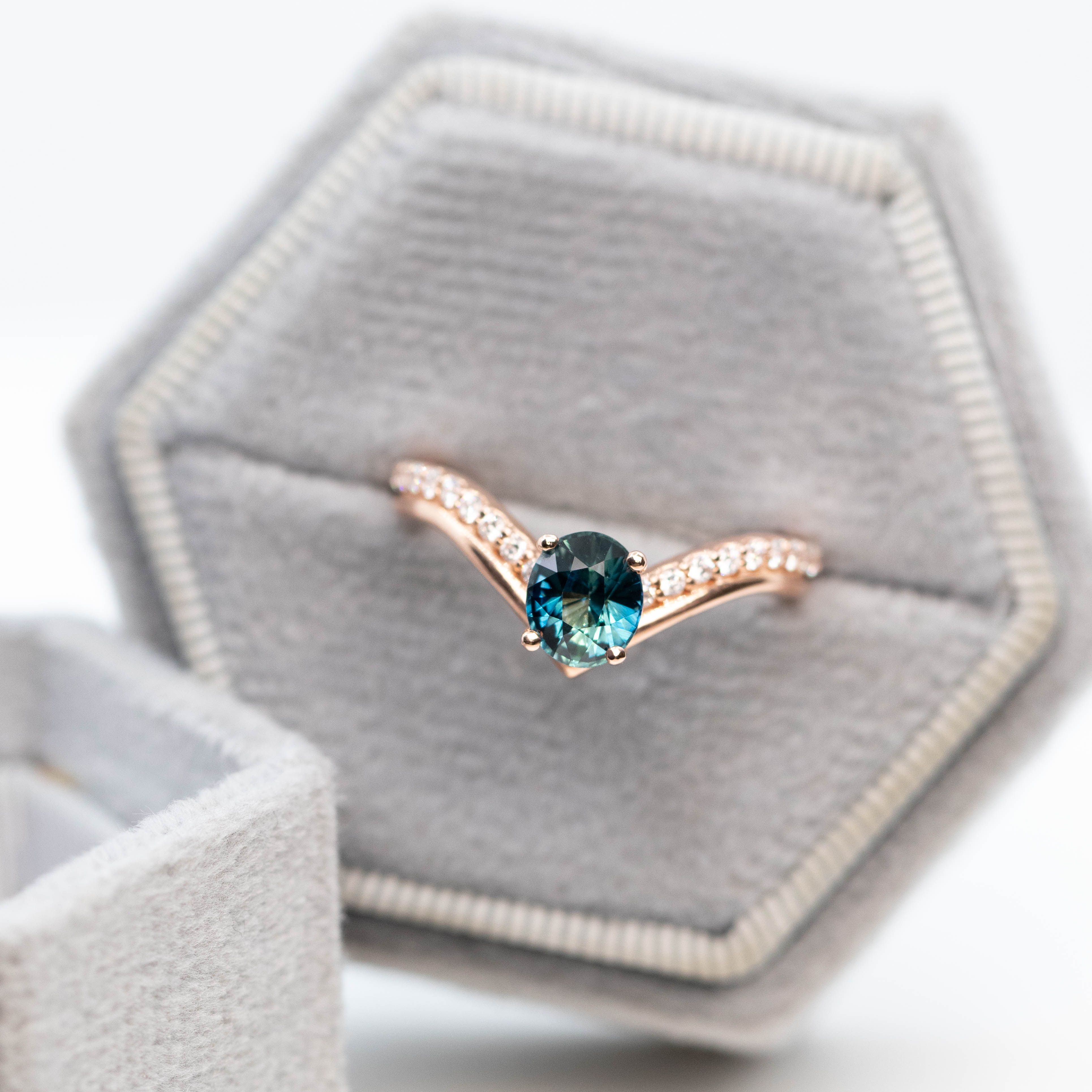 Zahra Ring with a 1.09 Carat Teal Blue Oval Sapphire and White Accent Diamonds in 14k Rose Gold - Ready to Size and Ship - Image 8